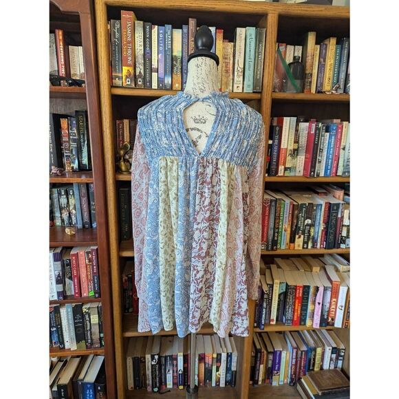 Free People Womens Multicolor Merrie Print Smocked Chiffon Boho Tunic Top S NWT - Picture 2 of 6